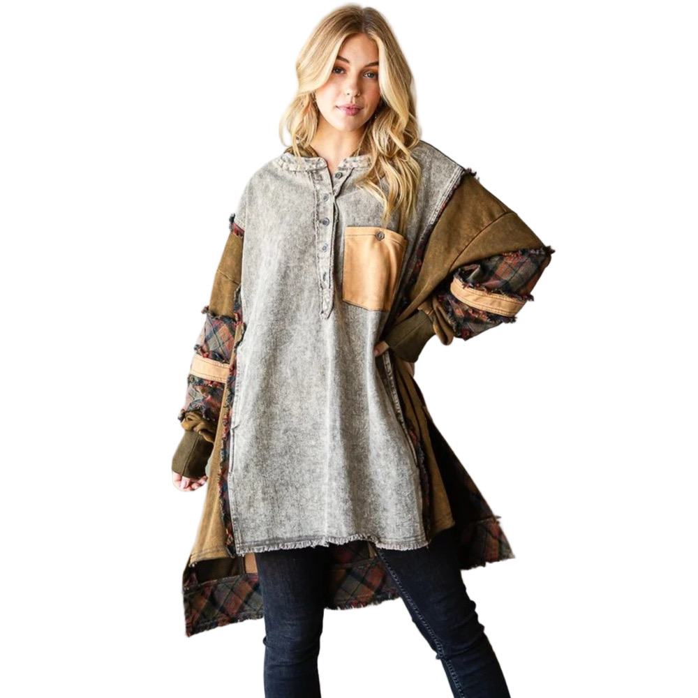 OLI & HALI Women’s FABRIC MIXED OVERSIZED TOP WITH HOODIE (olive)